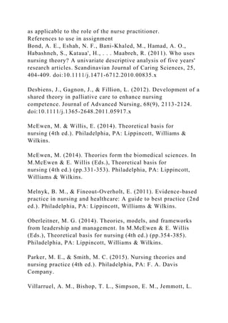 as applicable to the role of the nurse practitioner.
References to use in assignment
Bond, A. E., Eshah, N. F., Bani-Khaled, M., Hamad, A. O.,
Habashneh, S., Kataua', H., . . . Maabreh, R. (2011). Who uses
nursing theory? A univariate descriptive analysis of five years'
research articles. Scandinavian Journal of Caring Sciences, 25,
404-409. doi:10.1111/j.1471-6712.2010.00835.x
Desbiens, J., Gagnon, J., & Fillion, L. (2012). Development of a
shared theory in palliative care to enhance nursing
competence. Journal of Advanced Nursing, 68(9), 2113-2124.
doi:10.1111/j.1365-2648.2011.05917.x
McEwen, M. & Willis, E. (2014). Theoretical basis for
nursing (4th ed.). Philadelphia, PA: Lippincott, Williams &
Wilkins.
McEwen, M. (2014). Theories form the biomedical sciences. In
M.McEwen & E. Willis (Eds.), Theoretical basis for
nursing (4th ed.) (pp.331-353). Philadelphia, PA: Lippincott,
Williams & Wilkins.
Melnyk, B. M., & Fineout-Overholt, E. (2011). Evidence-based
practice in nursing and healthcare: A guide to best practice (2nd
ed.). Philadelphia, PA: Lippincott, Williams & Wilkins.
Oberleitner, M. G. (2014). Theories, models, and frameworks
from leadership and management. In M.McEwen & E. Willis
(Eds.), Theoretical basis for nursing (4th ed.) (pp.354-385).
Philadelphia, PA: Lippincott, Williams & Wilkins.
Parker, M. E., & Smith, M. C. (2015). Nursing theories and
nursing practice (4th ed.). Philadelphia, PA: F. A. Davis
Company.
Villarruel, A. M., Bishop, T. L., Simpson, E. M., Jemmott, L.
 