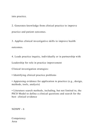 into practice.
2. Generates knowledge from clinical practice to improve
practice and patient outcomes.
3. Applies clinical investigative skills to improve health
outcomes.
4. Leads practice inquiry, individually or in partnership with
Leadership for role in practice improvement
Clinical investigation strategies:
• Identifying clinical practice problems
• Appraising evidence for application to practice (e.g., design,
methods, tools, analysis)
• Literature search methods, including, but not limited to, the
PICO Model to define a clinical questions and search for the
best clinical evidence
NONPF - 6
Competency
Area
 