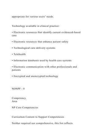appropriate for various users’ needs.
Technology available in clinical practice:
• Electronic resources that identify current evidenced-based
care
• Electronic resources that enhance patient safety
• Technological care delivery systems
• Telehealth
• Information databases used by health care systems
• Electronic communication with other professionals and
patients
• Encrypted and unencrypted technology
NONPF - 8
Competency
Area
NP Core Competencies
Curriculum Content to Support Competencies
Neither required nor comprehensive, this list reflects
 