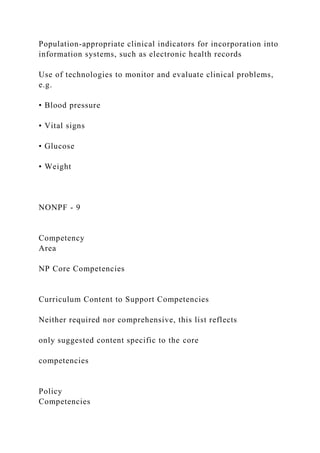 Population-appropriate clinical indicators for incorporation into
information systems, such as electronic health records
Use of technologies to monitor and evaluate clinical problems,
e.g.
• Blood pressure
• Vital signs
• Glucose
• Weight
NONPF - 9
Competency
Area
NP Core Competencies
Curriculum Content to Support Competencies
Neither required nor comprehensive, this list reflects
only suggested content specific to the core
competencies
Policy
Competencies
 