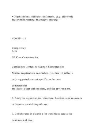 • Organizational delivery subsystems, (e.g. electronic
prescription writing-pharmacy software)
NONPF - 11
Competency
Area
NP Core Competencies
Curriculum Content to Support Competencies
Neither required nor comprehensive, this list reflects
only suggested content specific to the core
competencies
providers, other stakeholders, and the environment.
6. Analyzes organizational structure, functions and resources
to improve the delivery of care.
7. Collaborates in planning for transitions across the
continuum of care.
 