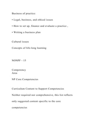 Business of practice:
• Legal, business, and ethical issues
• How to set up, finance and evaluate a practice ,
• Writing a business plan
Cultural issues
Concepts of life-long learning
NONPF - 15
Competency
Area
NP Core Competencies
Curriculum Content to Support Competencies
Neither required nor comprehensive, this list reflects
only suggested content specific to the core
competencies
 