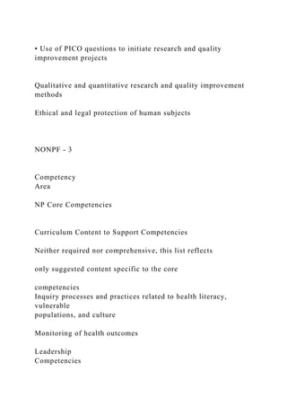 • Use of PICO questions to initiate research and quality
improvement projects
Qualitative and quantitative research and quality improvement
methods
Ethical and legal protection of human subjects
NONPF - 3
Competency
Area
NP Core Competencies
Curriculum Content to Support Competencies
Neither required nor comprehensive, this list reflects
only suggested content specific to the core
competencies
Inquiry processes and practices related to health literacy,
vulnerable
populations, and culture
Monitoring of health outcomes
Leadership
Competencies
 