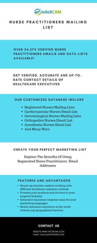 N U R S E P R A C T I T I O N E R S M A I L I N G
L I S T
WEBSITE:WWW.INFO9CRM.COM
EMAIL: SALES@INFO9CRM.COM
CONTACT  US
OVER 34,274 VERIFIED NURSE
PRACTITIONERS EMAILS AND DATA LISTS
AVAILABLE!
GET VERIFIED, ACCURATE AND UP-TO-
DATE CONTACT DETAILS OF
HEALTHCARE EXECUTIVES
OUR CUSTOMIZED DATABASE INCLUDE
CREATE YOUR PERFECT MARKETING LIST
FEATURES AND ADVANTAGES
Registered Nurses Mailing Lists
Cardiovascular Nurses Email List
Gerontological Nurses Mailing Lists
Orthopedics Nurses Email List
Anesthesia Nurses Email List
And Many More
Explore The Benefits Of Using
Segmented Nurse Practitioners Email
Addresses
Reach top decision-makers working with
different healthcare industry verticals
Promote your products and services to your
targeted Industry
Generates maximum response rates for your
marketing campaigns
Reach customers anywhere in the world
without any geographical barriers
 