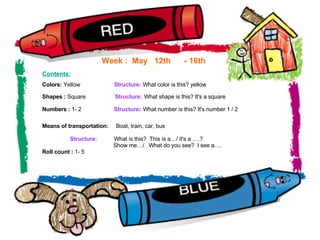 Week :  May  12th  - 16th Contents:   Colors:  Yellow  Structure:   What color is this? yellow Shapes :  Square  Structure:   What shape is this? It's a square Numbers :  1- 2  Structure :   What number is this? It's number 1 / 2 Means of transportation:  Boat, train, car, bus    Structure:   What is this?  This is a…/ it's a ….? Show me…/  What do you see?  I see a….   Roll count :  1- 5  