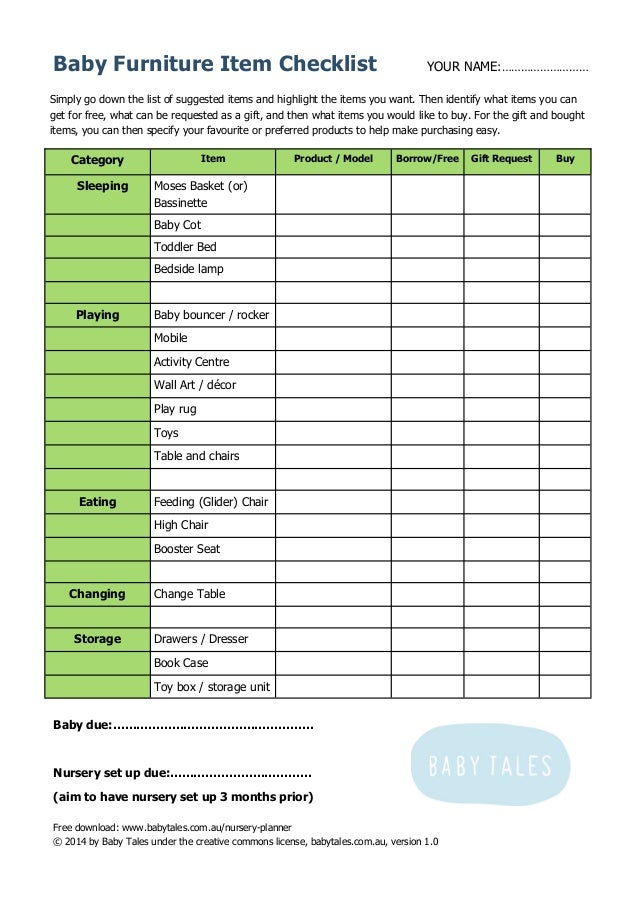 nursery furniture checklist