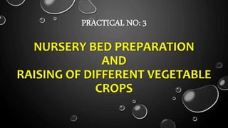 NURSERY BED PREPARATION
AND
RAISING OF DIFFERENT VEGETABLE
CROPS
PRACTICAL NO: 3
 