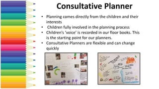 Consultative Planner
• Planning comes directly from the children and their
interests
• Children fully involved in the planning process
• Children’s ‘voice’ is recorded in our floor books. This
is the starting point for our planners.
• Consultative Planners are flexible and can change
quickly
 