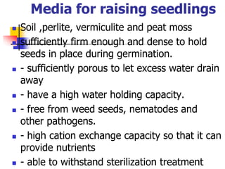 Media for raising seedlings












Soil ,perlite, vermiculite and peat moss
sufficiently firm enough and dense to hold
seeds in place during germination.
- sufficiently porous to let excess water drain
away
- have a high water holding capacity.
- free from weed seeds, nematodes and
other pathogens.
- high cation exchange capacity so that it can
provide nutrients
- able to withstand sterilization treatment

 