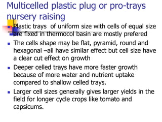 Multicelled plastic plug or pro-trays
nursery raising








Plastic trays of uniform size with cells of equal size
are fixed in thermocol basin are mostly prefered
The cells shape may be flat, pyramid, round and
hexagonal –all have similar effect but cell size have
a clear cut effect on growth
Deeper celled trays have more faster growth
because of more water and nutrient uptake
compared to shallow celled trays.
Larger cell sizes generally gives larger yields in the
field for longer cycle crops like tomato and
capsicums.

 