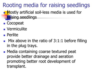 Rooting media for raising seedlings









Mostly artificial soil-less media is used for
raising seedlings
Cocopeat
Vermiculite
Perlite
Mix above in the ratio of 3:1:1 before filling
in the plug trays.
Media containing coarse textured peat
provide better drainage and aeration
promoting better root development of
transplant.

 