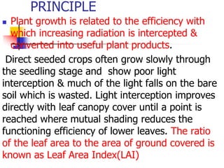 PRINCIPLE
Plant growth is related to the efficiency with
which increasing radiation is intercepted &
converted into useful plant products.
Direct seeded crops often grow slowly through
the seedling stage and show poor light
interception & much of the light falls on the bare
soil which is wasted. Light interception improves
directly with leaf canopy cover until a point is
reached where mutual shading reduces the
functioning efficiency of lower leaves. The ratio
of the leaf area to the area of ground covered is
known as Leaf Area Index(LAI)


 