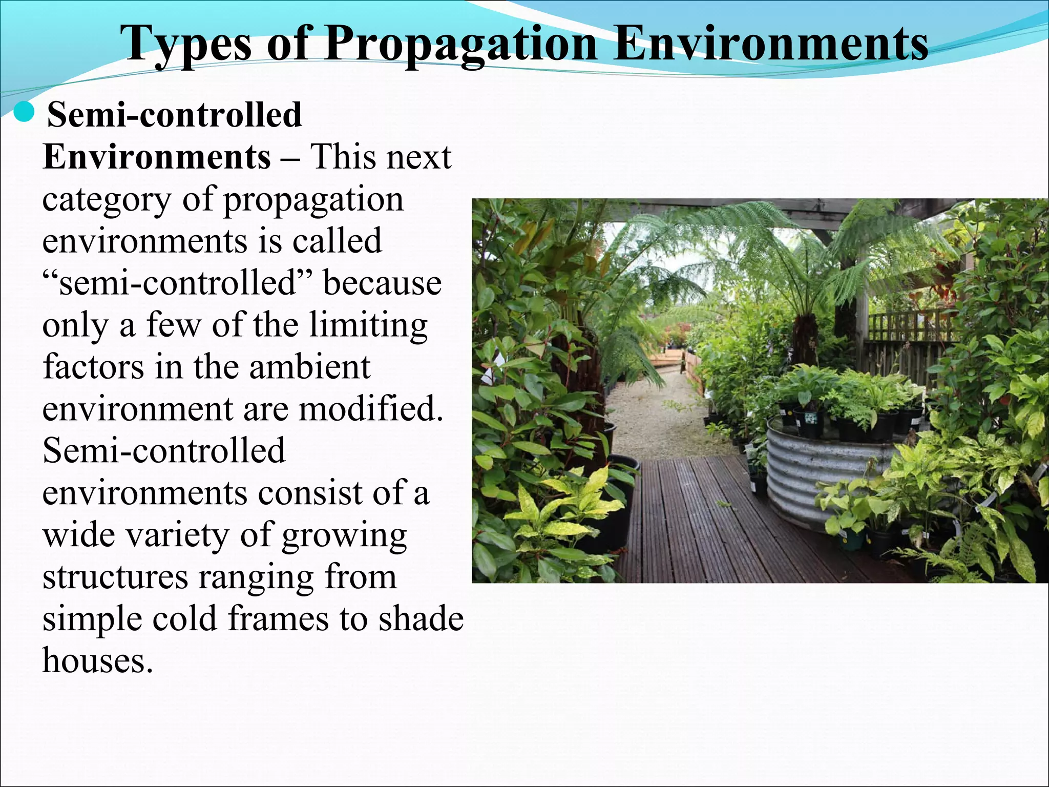 Semi-controlled
Environments – This next
category of propagation
environments is called
“semi-controlled” because
only a few of the limiting
factors in the ambient
environment are modified.
Semi-controlled
environments consist of a
wide variety of growing
structures ranging from
simple cold frames to shade
houses.
Types of Propagation Environments
 