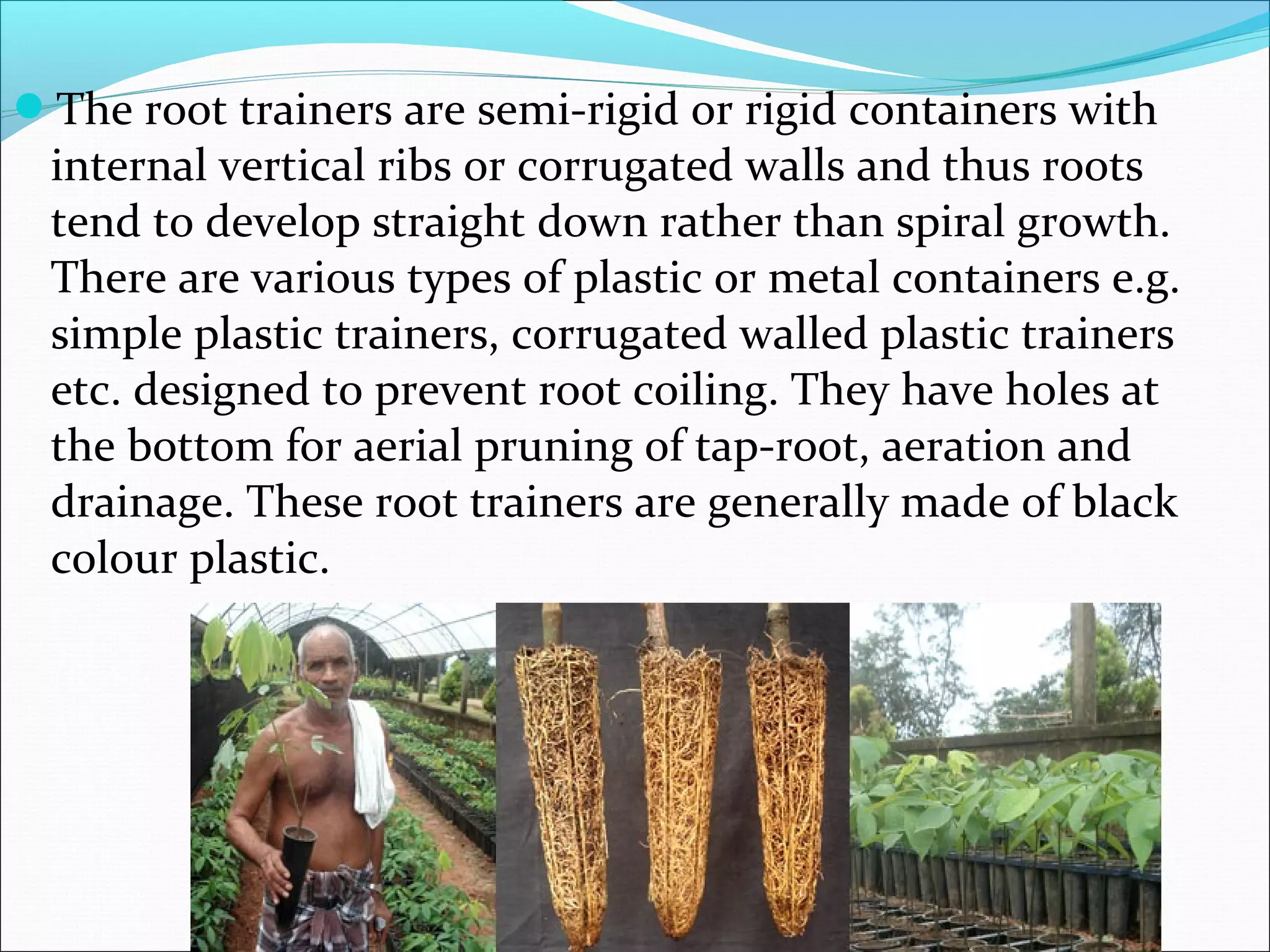 The root trainers are semi-rigid or rigid containers with
internal vertical ribs or corrugated walls and thus roots
tend to develop straight down rather than spiral growth.
There are various types of plastic or metal containers e.g.
simple plastic trainers, corrugated walled plastic trainers
etc. designed to prevent root coiling. They have holes at
the bottom for aerial pruning of tap-root, aeration and
drainage. These root trainers are generally made of black
colour plastic.
 