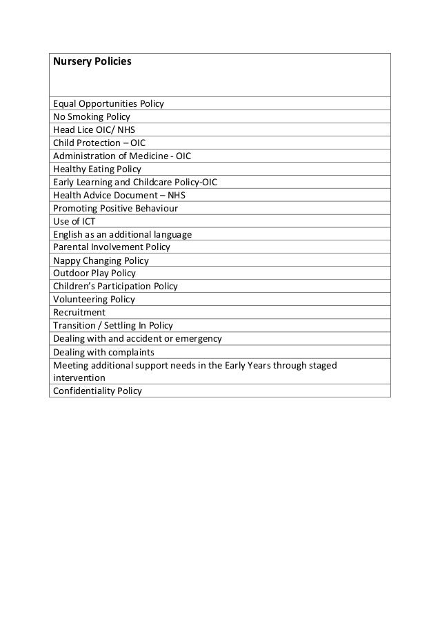 Nursery policies list