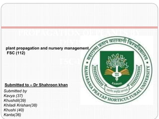 PROPAGATION OF PLANTS BY
DIVISION
FSC-112
Submitted by
Kavya (37)
Khushdil(39)
Khiladi Krishan(38)
Khushi (40)
Kanta(36)
Submitted to – Dr Shahroon khan
plant propagation and nursery management
FSC (112)
 