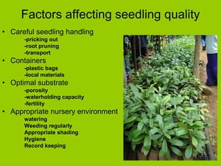 Factors affecting seedling quality
• Careful seedling handling
-pricking out
-root pruning
-transport
• Containers
-plastic bags
-local materials
• Optimal substrate
-porosity
-waterholding capacity
-fertility
• Appropriate nursery environment
watering
Weeding regularly
Appropriate shading
Hygiene
Record keeping
 