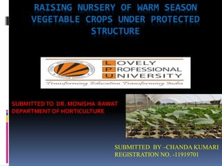 RAISING NURSERY OF WARM SEASON
VEGETABLE CROPS UNDER PROTECTED
STRUCTURE
SUBMITTEDTO DR. MONISHA RAWAT
DEPARTMENTOF HORTICULTURE
SUBMITTED BY –CHANDA KUMARI
REGISTRATION NO. -11919701
 