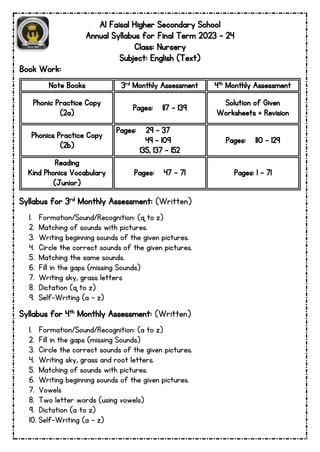 Al Faisal Higher Secondary School
Annual Syllabus for Final Term 2023 – 24
Class: Nursery
Subject: English (Text)
Book Work:
Note Books 3rd Monthly Assessment 4th Monthly Assessment
Phonic Practice Copy
(2a)
Pages: 117 – 139
Solution of Given
Worksheets + Revision
Phonics Practice Copy
(2b)
Pages: 29 – 37
49 – 109
135, 137 - 152
Pages: 110 – 129
Reading
Kind Phonics Vocabulary
(Junior)
Pages: 47 – 71 Pages: 1 - 71
Syllabus for 3rd Monthly Assessment: (Written)
1. Formation/Sound/Recognition: (q to z)
2. Matching of sounds with pictures.
3. Writing beginning sounds of the given pictures.
4. Circle the correct sounds of the given pictures.
5. Matching the same sounds.
6. Fill in the gaps (missing Sounds)
7. Writing sky, grass letters
8. Dictation (q to z)
9. Self-Writing (a – z)
Syllabus for 4th Monthly Assessment: (Written)
1. Formation/Sound/Recognition: (a to z)
2. Fill in the gaps (missing Sounds)
3. Circle the correct sounds of the given pictures.
4. Writing sky, grass and root letters.
5. Matching of sounds with pictures.
6. Writing beginning sounds of the given pictures.
7. Vowels
8. Two letter words (using vowels)
9. Dictation (a to z)
10. Self-Writing (a – z)
 