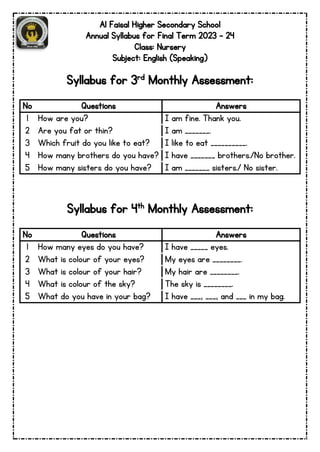 Al Faisal Higher Secondary School
Annual Syllabus for Final Term 2023 – 24
Class: Nursery
Subject: English (Speaking)
Syllabus for 3rd Monthly Assessment:
No Questions Answers
1 How are you? I am fine. Thank you.
2 Are you fat or thin? I am _______.
3 Which fruit do you like to eat? I like to eat __________.
4 How many brothers do you have? I have _______ brothers./No brother.
5 How many sisters do you have? I am _______ sisters./ No sister.
Syllabus for 4th Monthly Assessment:
No Questions Answers
1 How many eyes do you have? I have _____ eyes.
2 What is colour of your eyes? My eyes are ________.
3 What is colour of your hair? My hair are ________.
4 What is colour of the sky? The sky is ________.
5 What do you have in your bag? I have ___, ___, and ___ in my bag.
 