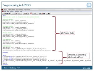 25
Programming in LINGO
13.04.14Nurse Scheduling-IGP
Defining Sets
Import & Export of
Data with Excel
 