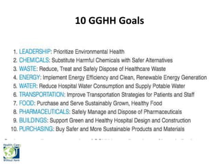 24
GGHH Objectives
1. To serve as a vibrant virtual community for hospitals and
health systems seeking to reduce their env...
