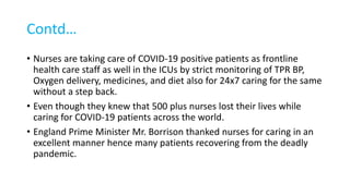 Contd…
• Nurses are taking care of COVID-19 positive patients as frontline
health care staff as well in the ICUs by strict monitoring of TPR BP,
Oxygen delivery, medicines, and diet also for 24x7 caring for the same
without a step back.
• Even though they knew that 500 plus nurses lost their lives while
caring for COVID-19 patients across the world.
• England Prime Minister Mr. Borrison thanked nurses for caring in an
excellent manner hence many patients recovering from the deadly
pandemic.
 