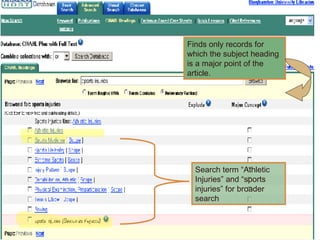 Search term “Athletic Injuries” and “sports injuries” for broader search  Finds only records for which the subject heading is a major point of the article.  