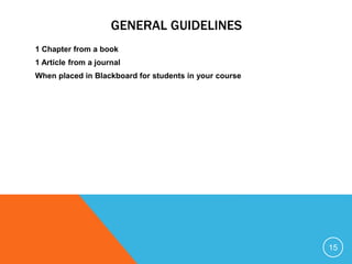 GENERAL GUIDELINES
1 Chapter from a book
1 Article from a journal
When placed in Blackboard for students in your course
15
 