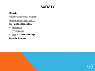 ACTIVITY
Search
Creative Commons Search
Advanced Google Search
3D Printing Repository
• Pinshape
• Thingiverse
• NIH 3D Print Exchange
Identify License
34
 