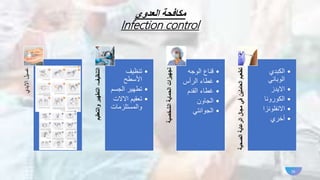 ‫العدوي‬ ‫مكافحة‬
Infection control
‫االيدي‬
‫غسيل‬
‫والتعقيم‬
‫التطهير‬
،‫التنظيف‬
•
‫تنظيف‬
‫األسطح‬
•
‫الجس‬ ‫تطهير‬
‫م‬
•
‫االال‬ ‫تعقيم‬
‫ت‬
‫والمستلزمات‬
‫الشخصية‬
‫الحماية‬
‫تجهيزات‬
•
‫الوجه‬ ‫قناع‬
•
‫الرأس‬ ‫غطاء‬
•
‫القدم‬ ‫غطاء‬
•
‫الجاون‬
•
‫الجوانتي‬
‫الص‬
‫الرعاية‬
‫مجال‬
‫في‬
‫العاملين‬
‫تطعيم‬
‫حية‬
•
‫الكبدي‬
‫الوبائي‬
•
‫االيدز‬
•
‫الكورونا‬
•
‫االنفلونزا‬
•
‫أخري‬
16
 