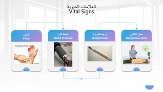 ‫الحيوية‬ ‫العالمات‬
Vital Signs
‫النبض‬
Pulse
‫الدم‬ ‫ضغط‬
Blood Pressure
‫الحرارة‬ ‫درجة‬
Temperature
‫التنفس‬ ‫معدل‬
Respiratory Rate
 