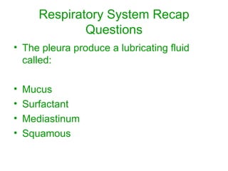 Respiratory System Recap Questions The pleura produce a lubricating fluid called: Mucus Surfactant Mediastinum Squamous 