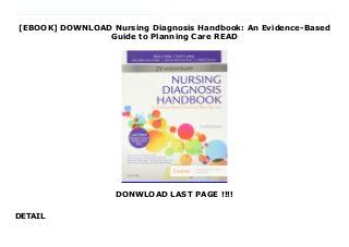 [EBOOK] DOWNLOAD Nursing Diagnosis Handbook: An Evidence-Based
Guide to Planning Care READ
DONWLOAD LAST PAGE !!!!
DETAIL
Free Nursing Diagnosis Handbook: An Evidence-Based Guide to Planning Care Get nursing care plans right! Ackley's Nursing Diagnosis Handbook: An Evidence-Based Guide to Planning Care, 12th Edition helps practicing nurses and nursing students select appropriate nursing diagnoses and write care plans with ease and confidence. This convenient handbook shows you how to correlate nursing diagnoses with known information about clients on the basis of assessment findings, established medical or psychiatric diagnoses, and the current treatment plan. Extensively revised and updated with the new 2018-2020 NANDA-I approved nursing diagnoses, it integrates the NIC and NOC taxonomies, evidence-based nursing interventions, and adult, pediatric, geriatric, multicultural, home care, safety, and client/family teaching and discharge planning considerations to guide your students in creating unique, individualized care plans.Step-by-step instructions shows you how to use the Guide to Nursing Diagnoses and Guide to Planning Care sections to create a unique, individualized plan of care.UNIQUE! Provides care plans for every NANDA-I approved nursing diagnosisPromotes evidence-based interventions and rationales by including recent or classic research that supports the use of each intervention.Presents examples of and suggested NIC interventions and NOC outcomes in each care plan.150 NCLEX exam-style review questions are available on Evolve.Easy-to-follow sections I and II guide you through the nursing process and selection of appropriate nursingAppendixes provide you with valuable information in an easy-to-access location.Clear, concise interventions are usually only a sentence or two long and use no more than two references.Safety content emphasizes what must be considered to provide safe patient care.Classic evidence-based references promote evidence-based interventions and rationales.List of Nursing Diagnosis Index on inside front cover of book for quick reference.Alphabetical thumb
tabs allow quick access to specific symptoms and nursing diagnoses.NEW!?Includes comprehensive, up-to-date information on the new 2018-2020 NANDA-I approved nursing diagnoses, complete with 17 new diagnoses.NEW! and UPDATED! Provides the latest NIC/NO C, interventions, and rationales?for every care planNEW! Section I: Gender identity discussion includes information about the caregiver's responsibility for adapting care accordingly.NEW! Interventions reorganized by priority helps you quickly identify the information you're searching for.NEW! Section II: Bullying, Gender Dysphoria, Medical marijuana, Military families/personnel, Opioid use/abuse, Service animals, Technology addiction, and Veterans.NEW! Additional clarification of use of QSEN throughout book in Section INEW! Concept map creator added from Yoost textbook.NEW! Updated rationales include evidence-based references 5 years or less.
 