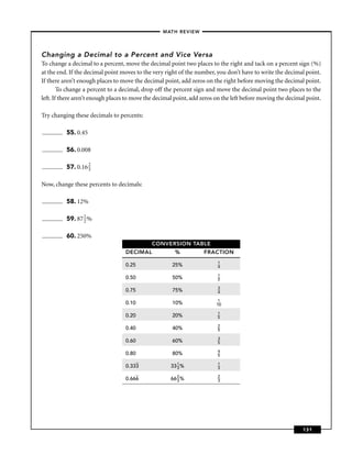 – MATH REVIEW–




Changing a Decimal to a Percent and Vice Versa
To change a decimal to a percent, move the decimal point two places to the right and tack on a percent sign (%)
at the end. If the decimal point moves to the very right of the number, you don’t have to write the decimal point.
If there aren’t enough places to move the decimal point, add zeros on the right before moving the decimal point.
        To change a percent to a decimal, drop off the percent sign and move the decimal point two places to the
left. If there aren’t enough places to move the decimal point, add zeros on the left before moving the decimal point.

Try changing these decimals to percents:

          55. 0.45

          56. 0.008

          57. 0.16 2
                   3


Now, change these percents to decimals:

          58. 12%

          59. 87 1 %
                 2


          60. 250%
                                              CONVERSION TABLE
                                   DECIMAL             %            FRACTION
                                                                         1
                                   0.25               25%                4

                                                                         1
                                   0.50               50%                2

                                                                         3
                                   0.75               75%                4

                                                                          1
                                   0.10               10%                10

                                                                         1
                                   0.20               20%                5

                                                                         2
                                   0.40               40%                5

                                                                         3
                                   0.60               60%                5

                                                                         4
                                   0.80               80%                5

                                   0.333              33 1 %
                                                         3
                                                                         1
                                                                         3

                                   0.666              66 2 %
                                                         3
                                                                         2
                                                                         3




                                                                                                             131
 