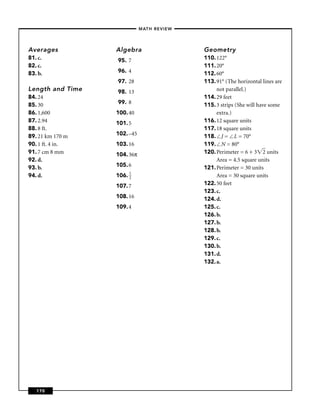 –MATH REVIEW–




Averages          Algebra                   Geometry
81. c.            95. 7                     110. 122°
82. c.                                      111. 20°
83. b.            96. 4                     112. 60°
                  97. 28                    113. 91° (The horizontal lines are
Length and Time   98. 13                         not parallel.)
84. 24                                      114. 29 feet
85. 30            99. 8                     115. 3 strips (She will have some
86. 1,600         100. 40                        extra.)
87. 2.94          101. 5                    116. 12 square units
88. 8 ft.                                   117. 18 square units
89. 21 km 170 m   102. –45                  118. J = L = 70°
90. 1 ft. 4 in.   103. 16                   119. N = 80°
91. 7 cm 8 mm     104. 36π                  120. Perimeter = 6 + 3 2 units
92. d.                                           Area = 4.5 square units
93. b.            105. 6                    121. Perimeter = 30 units
94. d.            106. 1
                       2                         Area = 30 square units
                  107. 7                    122. 50 feet
                                            123. c.
                  108. 16                   124. d.
                  109. 4                    125. c.
                                            126. b.
                                            127. b.
                                            128. b.
                                            129. c.
                                            130. b.
                                            131. d.
                                            132. a.




   170
 
