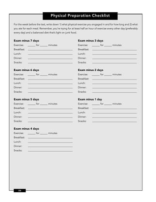 Physical Preparation Checklist

For the week before the test, write down 1) what physical exercise you engaged in and for how long and 2) what
you ate for each meal. Remember, you’re trying for at least half an hour of exercise every other day (preferably
every day) and a balanced diet that’s light on junk food.


Exam minus 7 days                                           Exam minus 3 days
Exercise:    ______ for ______ minutes                      Exercise:    ______ for ______ minutes
Breakfast:                                                  Breakfast:
Lunch:                                                      Lunch:
Dinner:                                                     Dinner:
Snacks:                                                     Snacks:


Exam minus 6 days                                           Exam minus 2 days
Exercise:    ______ for ______ minutes                      Exercise:    ______ for ______ minutes
Breakfast:                                                  Breakfast:
Lunch:                                                      Lunch:
Dinner:                                                     Dinner:
Snacks:                                                     Snacks:


Exam minus 5 days                                           Exam minus 1 day
Exercise:    ______ for ______ minutes                      Exercise:    ______ for ______ minutes
Breakfast:                                                  Breakfast:
Lunch:                                                      Lunch:
Dinner:                                                     Dinner:
Snacks:                                                     Snacks:


Exam minus 4 days
Exercise:    ______ for ______ minutes
Breakfast:
Lunch:
Dinner:
Snacks:




    26
 