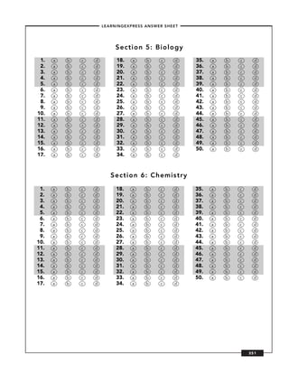 – LEARNINGEXPRESS ANSWER SHEET –




                            Section 5: Biology
 1.   a   b   c   d         18.    a    b     c    d     35.   a   b   c     d
 2.   a   b   c   d         19.    a    b     c    d     36.   a   b   c     d
 3.   a   b   c   d         20.    a    b     c    d     37.   a   b   c     d
 4.   a   b   c   d         21.    a    b     c    d     38.   a   b   c     d
 5.   a   b   c   d         22.    a    b     c    d     39.   a   b   c     d
 6.   a   b   c   d         23.    a    b     c    d     40.   a   b   c     d
 7.   a   b   c   d         24.    a    b     c    d     41.   a   b   c     d
 8.   a   b   c   d         25.    a    b     c    d     42.   a   b   c     d
 9.   a   b   c   d         26.    a    b     c    d     43.   a   b   c     d
10.   a   b   c   d         27.    a    b     c    d     44.   a   b   c     d
11.   a   b   c   d         28.    a    b     c    d     45.   a   b   c     d
12.   a   b   c   d         29.    a    b     c    d     46.   a   b   c     d
13.   a   b   c   d         30.    a    b     c    d     47.   a   b   c     d
14.   a   b   c   d         31.    a    b     c    d     48.   a   b   c     d
15.   a   b   c   d         32.    a    b     c    d     49.   a   b   c     d
16.   a   b   c   d         33.    a    b     c    d     50.   a   b   c     d
17.   a   b   c   d         34.    a    b     c    d



                          Section 6: Chemistry
 1.   a   b   c   d         18.   a     b     c    d     35.   a   b   c     d
 2.   a   b   c   d         19.   a     b     c    d     36.   a   b   c     d
 3.   a   b   c   d         20.   a     b     c    d     37.   a   b   c     d
 4.   a   b   c   d         21.   a     b     c    d     38.   a   b   c     d
 5.   a   b   c   d         22.   a     b     c    d     39.   a   b   c     d
 6.   a   b   c   d         23.   a     b     c    d     40.   a   b   c     d
 7.   a   b   c   d         24.   a     b     c    d     41.   a   b   c     d
 8.   a   b   c   d         25.   a     b     c    d     42.   a   b   c     d
 9.   a   b   c   d         26.   a     b     c    d     43.   a   b   c     d
10.   a   b   c   d         27.   a     b     c    d     44.   a   b   c     d
11.   a   b   c   d         28.   a     b     c    d     45.   a   b   c     d
12.   a   b   c   d         29.   a     b     c    d     46.   a   b   c     d
13.   a   b   c   d         30.   a     b     c    d     47.   a   b   c     d
14.   a   b   c   d         31.   a     b     c    d     48.   a   b   c     d
15.   a   b   c   d         32.   a     b     c    d     49.   a   b   c     d
16.   a   b   c   d         33.   a     b     c    d     50.   a   b   c     d
17.   a   b   c   d         34.   a     b     c    d




                                                                           351
 