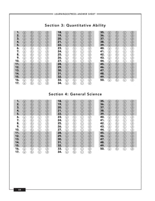 – LEARNINGEXPRESS ANSWER SHEET –




                   Section 3: Quantitative Ability
 1.    a   b   c   d        18.   a     b    c     d        35.   a   b   c   d
 2.    a   b   c   d        19.   a     b    c     d        36.   a   b   c   d
 3.    a   b   c   d        20.   a     b    c     d        37.   a   b   c   d
 4.    a   b   c   d        21.   a     b    c     d        38.   a   b   c   d
 5.    a   b   c   d        22.   a     b    c     d        39.   a   b   c   d
 6.    a   b   c   d        23.   a     b    c     d        40.   a   b   c   d
 7.    a   b   c   d        24.   a     b    c     d        41.   a   b   c   d
 8.    a   b   c   d        25.   a     b    c     d        42.   a   b   c   d
 9.    a   b   c   d        26.   a     b    c     d        43.   a   b   c   d
10.    a   b   c   d        27.   a     b    c     d        44.   a   b   c   d
11.    a   b   c   d        28.   a     b    c     d        45.   a   b   c   d
12.    a   b   c   d        29.   a     b    c     d        46.   a   b   c   d
13.    a   b   c   d        30.   a     b    c     d        47.   a   b   c   d
14.    a   b   c   d        31.   a     b    c     d        48.   a   b   c   d
15.    a   b   c   d        32.   a     b    c     d        49.   a   b   c   d
16.    a   b   c   d        33.   a     b    c     d        50.   a   b   c   d
17.    a   b   c   d        34.   a     b    c     d



                       Section 4: General Science
 1.    a   b   c   d        18.   a     b    c     d        35.   a   b   c   d
 2.    a   b   c   d        19.   a     b    c     d        36.   a   b   c   d
 3.    a   b   c   d        20.   a     b    c     d        37.   a   b   c   d
 4.    a   b   c   d        21.   a     b    c     d        38.   a   b   c   d
 5.    a   b   c   d        22.   a     b    c     d        39.   a   b   c   d
 6.    a   b   c   d        23.   a     b    c     d        40.   a   b   c   d
 7.    a   b   c   d        24.   a     b    c     d        41.   a   b   c   d
 8.    a   b   c   d        25.   a     b    c     d        42.   a   b   c   d
 9.    a   b   c   d        26.   a     b    c     d        43.   a   b   c   d
10.    a   b   c   d        27.   a     b    c     d        44.   a   b   c   d
11.    a   b   c   d        28.   a     b    c     d        45.   a   b   c   d
12.    a   b   c   d        29.   a     b    c     d        46.   a   b   c   d
13.    a   b   c   d        30.   a     b    c     d        47.   a   b   c   d
14.    a   b   c   d        31.   a     b    c     d        48.   a   b   c   d
15.    a   b   c   d        32.   a     b    c     d        49.   a   b   c   d
16.    a   b   c   d        33.   a     b    c     d        50.   a   b   c   d
17.    a   b   c   d        34.   a     b    c     d




  34
 