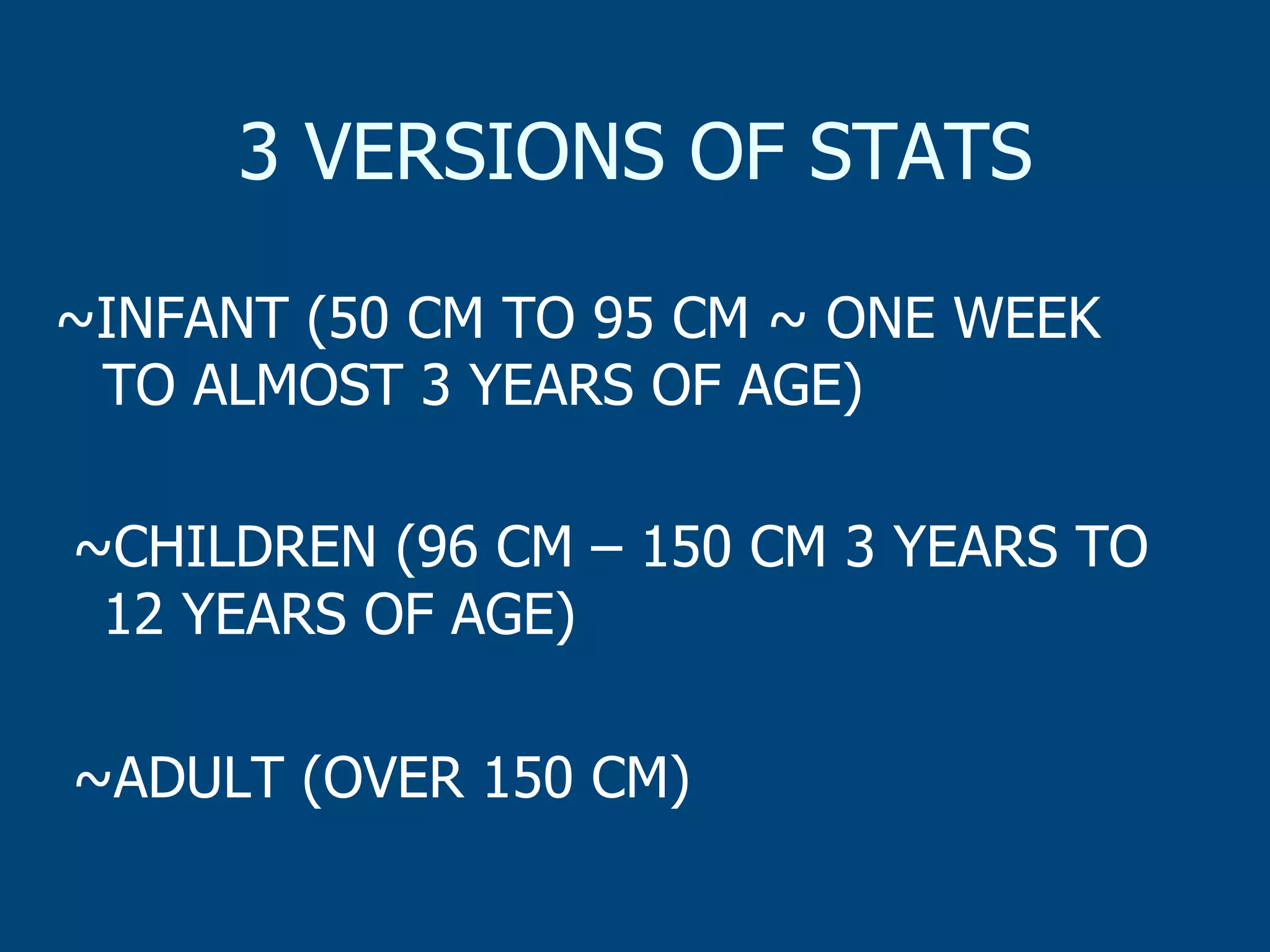 3 VERSIONS OF STATS
~INFANT (50 CM TO 95 CM ~ ONE WEEK
TO ALMOST 3 YEARS OF AGE)
~CHILDREN (96 CM – 150 CM 3 YEARS TO
12 YEARS OF AGE)
~ADULT (OVER 150 CM)

 
