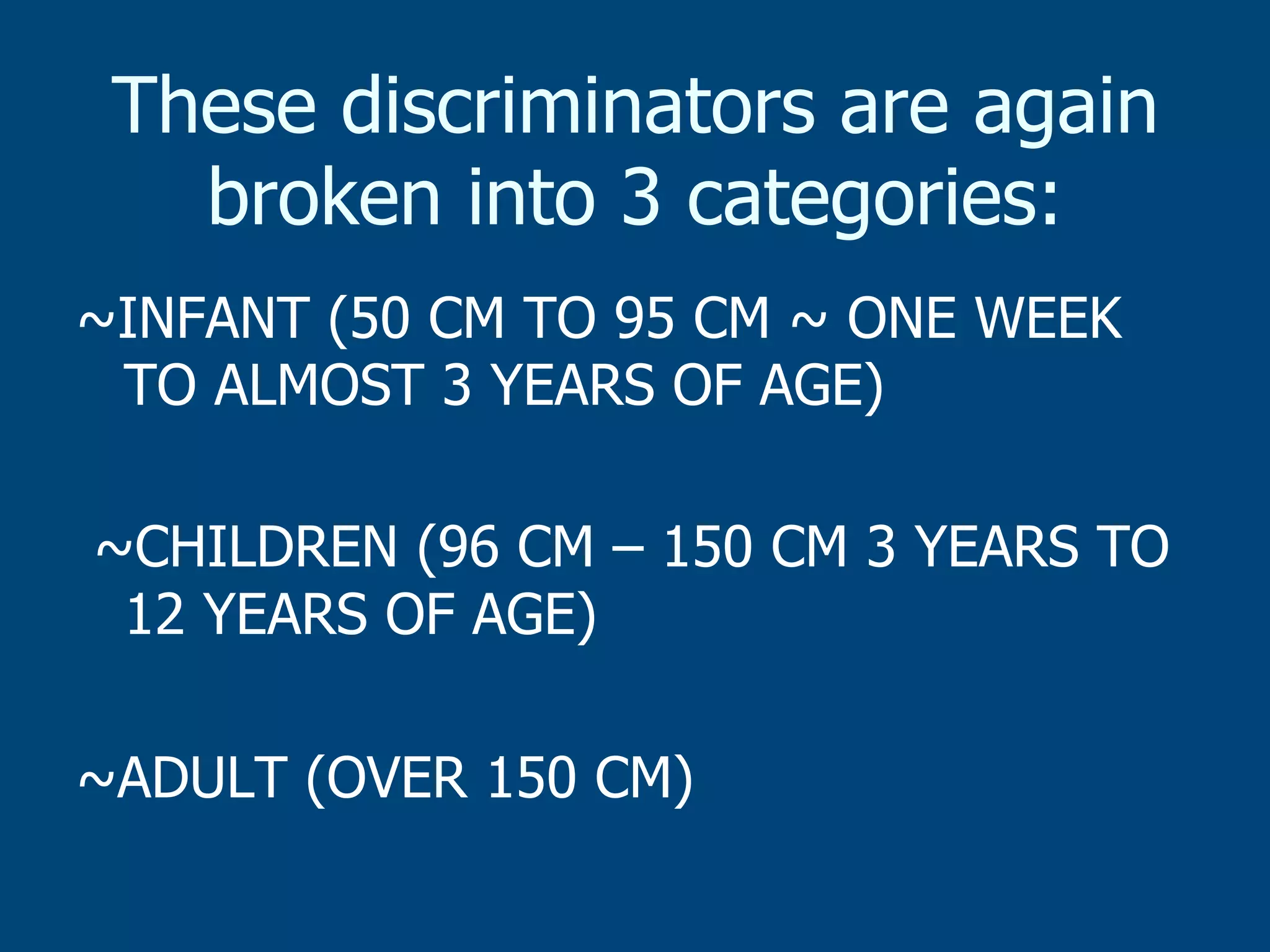 These discriminators are again
broken into 3 categories:
~INFANT (50 CM TO 95 CM ~ ONE WEEK
TO ALMOST 3 YEARS OF AGE)
~CHILDREN (96 CM – 150 CM 3 YEARS TO
12 YEARS OF AGE)
~ADULT (OVER 150 CM)

 