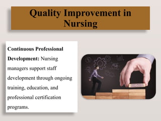 Quality Improvement in
Nursing
Continuous Professional
Development: Nursing
managers support staff
development through ongoing
training, education, and
professional certification
programs.
 