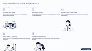 Why abroad is attractive "Pull Factors" 🎯
Conversely, foreign countries offer compelling incentives that attract nurses from their home nations.
Significantly Higher Salaries
Salaries can be 5–10 times higher than in their home countries, providing
substantial financial improvement.
Safer Working Conditions
Better staffing levels, improved equipment, and stronger safety protocols contribute
to a safer work environment.
Advanced Training & Career Growth
Access to cutting-edge training, specialization programs, and clear pathways for
career progression.
Modern Facilities & Technology
Working in state-of-the-art hospitals equipped with advanced medical technology
and resources.
Family Reunification Programs
Some immigration programs allow nurses to bring their families, fostering stability
and support.
 