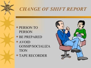 CHANGE OF SHIFT REPORT PERSON TO PERSON BE PREPARED AVOID GOSSIP/SOCIALIZATION TAPE RECORDER 