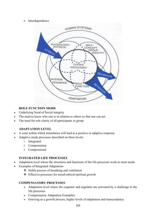 102
4. Interdependence
ROLE FUNCTION MODE
 Underlying Need of Social integrity
 The need to know who one is in relation to others so that one can act
 The need for role clarity of all participants in group
ADAPTATION LEVEL
 A zone within which stimulation will lead to a positive or adaptive response
 Adaptive mode processes described on three levels:
1. Integrated
2. Compensatory
3. Compromised
INTEGRATED LIFE PROCESSES
 Adaptation level where the structures and functions of the life processes work to meet needs
 Examples of Integrated Adaptation-
 Stable process of breathing and ventilation
 Effective processes for moral-ethical-spiritual growth
COMPENSATORY PROCESSES
 Adaptation level where the cognator and regulator are activated by a challenge to the
life processes
 Compensatory Adaptation Examples:
 Grieving as a growth process, higher levels of adaptation and transcendence
 