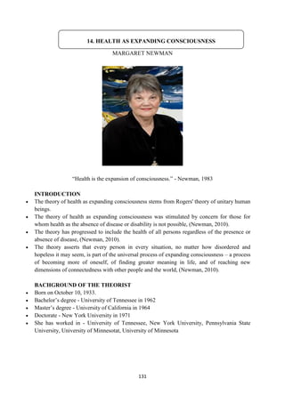 131
MARGARET NEWMAN
―Health is the expansion of consciousness.‖ - Newman, 1983
INTRODUCTION
 The theory of health as expanding consciousness stems from Rogers' theory of unitary human
beings.
 The theory of health as expanding consciousness was stimulated by concern for those for
whom health as the absence of disease or disability is not possible, (Newman, 2010).
 The theory has progressed to include the health of all persons regardless of the presence or
absence of disease, (Newman, 2010).
 The theory asserts that every person in every situation, no matter how disordered and
hopeless it may seem, is part of the universal process of expanding consciousness – a process
of becoming more of oneself, of finding greater meaning in life, and of reaching new
dimensions of connectedness with other people and the world, (Newman, 2010).
BACHGROUND OF THE THEORIST
 Born on October 10, 1933.
 Bachelor‘s degree - University of Tennessee in 1962
 Master‘s degree - University of California in 1964
 Doctorate - New York University in 1971
 She has worked in - University of Tennessee, New York University, Pennsylvania State
University, University of Minnesotat, University of Minnesota
14. HEALTH AS EXPANDING CONSCIOUSNESS
 