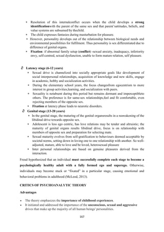 167
 Resolution of this internalconflict occurs when the child develops a strong
identificationwith the parent of the same sex and that parent‘sattitudes, beliefs, and
value systems are subsumed by thechild.
 The child expresses fantasies during masturbation for pleasure.
 However, personality develops out of the relationship between biological needs and
environmental possibilities for fulfilment. Thus personality is sex differentiated due to
difference of genital organs.
 Fixation: if abnormal family setup (conflict) -sexual anxiety, inadequacy, inferiority
envy, self-centred, sexual dysfunction, unable to form mature relation, self pleasure.
 Latency stage (6-12 years)
 Sexual drive is channelized into socially appropriate goals like development of
social interpersonal relationships, acquisition of knowledge and new skills, engage
in academic, hobby and socialization activities.
 During the elementary school years, the focus changesfrom egocentrism to more
interest in group activities,learning, and socialization with peers.
 Sexuality is notabsent during this period but remains dormant and imperceptibleto
others. The preference is for same-sex relationships,feel and fit comfortable, even
rejecting members of the opposite sex.
 Fixation at latency phase leads to neurotic disorders.
 Genital stage (13-20 years)
 In the genital stage, the maturing of the genital organsresults in a reawakening of the
libidinal drive towards opposite sex.
 Adolescent is less ego centric, has love relations may be tender and altruistic; the
maturity of genital organs results libidinal drive, focus is on relationship with
members of opposite sex and preparation for selecting mate.
 Sexual maturity evolves from self-gratification to behaviours deemed acceptable by
societal norms, setting down in loving one to one relationship with another. So well-
adjusted, mature, able to love and be loved, heterosexual pleasure
 Inter personal relationships are based on genuine pleasures derived from the
interaction.
Freud hypothesized that an individual must successfully complete each stage to become a
psychologically healthy adult with a fully formed ego and superego. Otherwise,
individuals may become stuck or ―fixated‖ in a particular stage, causing emotional and
behavioral problems in adulthood (McLeod, 2013).
CRITICS OF PSYCHOANALYTIC THEORY
Advantages
 The theory emphasizes the importance of childhood experiences.
 It initiated and addressed the importance of the unconscious, sexual and aggressive
drives that make up the majority of all human beings' personalities.
 