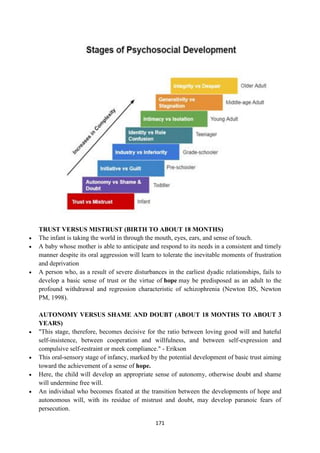 171
TRUST VERSUS MISTRUST (BIRTH TO ABOUT 18 MONTHS)
 The infant is taking the world in through the mouth, eyes, ears, and sense of touch.
 A baby whose mother is able to anticipate and respond to its needs in a consistent and timely
manner despite its oral aggression will learn to tolerate the inevitable moments of frustration
and deprivation
 A person who, as a result of severe disturbances in the earliest dyadic relationships, fails to
develop a basic sense of trust or the virtue of hope may be predisposed as an adult to the
profound withdrawal and regression characteristic of schizophrenia (Newton DS, Newton
PM, 1998).
AUTONOMY VERSUS SHAME AND DOUBT (ABOUT 18 MONTHS TO ABOUT 3
YEARS)
 "This stage, therefore, becomes decisive for the ratio between loving good will and hateful
self-insistence, between cooperation and willfulness, and between self-expression and
compulsive self-restraint or meek compliance." - Erikson
 This oral-sensory stage of infancy, marked by the potential development of basic trust aiming
toward the achievement of a sense of hope.
 Here, the child will develop an appropriate sense of autonomy, otherwise doubt and shame
will undermine free will.
 An individual who becomes fixated at the transition between the developments of hope and
autonomous will, with its residue of mistrust and doubt, may develop paranoic fears of
persecution.
 
