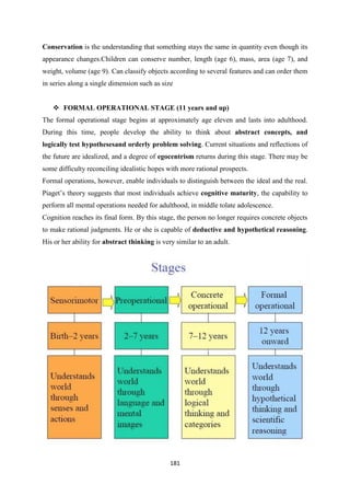 181
Conservation is the understanding that something stays the same in quantity even though its
appearance changes.Children can conserve number, length (age 6), mass, area (age 7), and
weight, volume (age 9). Can classify objects according to several features and can order them
in series along a single dimension such as size
 FORMAL OPERATIONAL STAGE (11 years and up)
The formal operational stage begins at approximately age eleven and lasts into adulthood.
During this time, people develop the ability to think about abstract concepts, and
logically test hypothesesand orderly problem solving. Current situations and reflections of
the future are idealized, and a degree of egocentrism returns during this stage. There may be
some difficulty reconciling idealistic hopes with more rational prospects.
Formal operations, however, enable individuals to distinguish between the ideal and the real.
Piaget‘s theory suggests that most individuals achieve cognitive maturity, the capability to
perform all mental operations needed for adulthood, in middle tolate adolescence.
Cognition reaches its final form. By this stage, the person no longer requires concrete objects
to make rational judgments. He or she is capable of deductive and hypothetical reasoning.
His or her ability for abstract thinking is very similar to an adult.
 