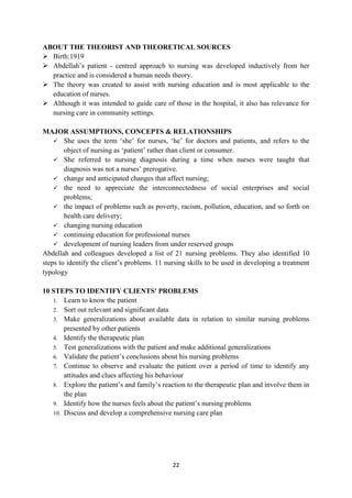 22
ABOUT THE THEORIST AND THEORETICAL SOURCES
 Birth:1919
 Abdellah‘s patient - centred approach to nursing was developed inductively from her
practice and is considered a human needs theory.
 The theory was created to assist with nursing education and is most applicable to the
education of nurses.
 Although it was intended to guide care of those in the hospital, it also has relevance for
nursing care in community settings.
MAJOR ASSUMPTIONS, CONCEPTS & RELATIONSHIPS
 She uses the term ‗she‘ for nurses, ‗he‘ for doctors and patients, and refers to the
object of nursing as ‗patient‘ rather than client or consumer.
 She referred to nursing diagnosis during a time when nurses were taught that
diagnosis was not a nurses‘ prerogative.
 change and anticipated changes that affect nursing;
 the need to appreciate the interconnectedness of social enterprises and social
problems;
 the impact of problems such as poverty, racism, pollution, education, and so forth on
health care delivery;
 changing nursing education
 continuing education for professional nurses
 development of nursing leaders from under reserved groups
Abdellah and colleagues developed a list of 21 nursing problems. They also identified 10
steps to identify the client‘s problems. 11 nursing skills to be used in developing a treatment
typology
10 STEPS TO IDENTIFY CLIENTS' PROBLEMS
1. Learn to know the patient
2. Sort out relevant and significant data
3. Make generalizations about available data in relation to similar nursing problems
presented by other patients
4. Identify the therapeutic plan
5. Test generalizations with the patient and make additional generalizations
6. Validate the patient‘s conclusions about his nursing problems
7. Continue to observe and evaluate the patient over a period of time to identify any
attitudes and clues affecting his behaviour
8. Explore the patient‘s and family‘s reaction to the therapeutic plan and involve them in
the plan
9. Identify how the nurses feels about the patient‘s nursing problems
10. Discuss and develop a comprehensive nursing care plan
 